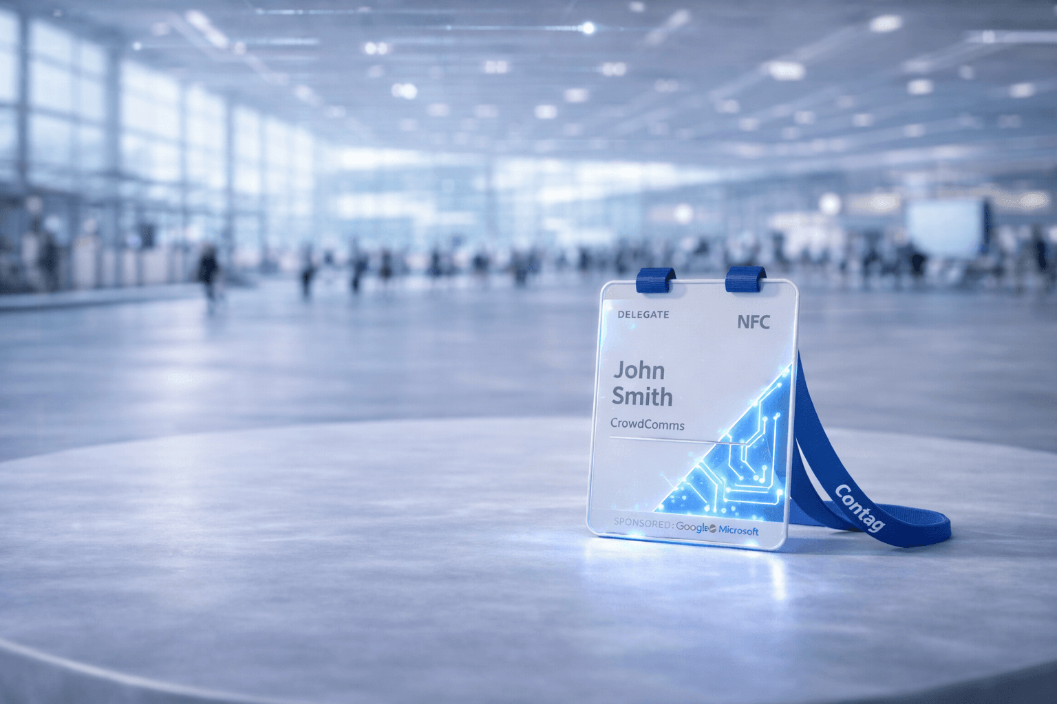 NFC-powered conference badge at a modern event venue