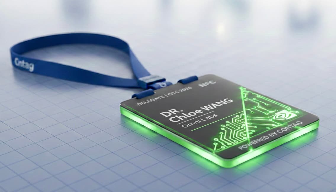 Contag NFC event badge glowing green with attendee details